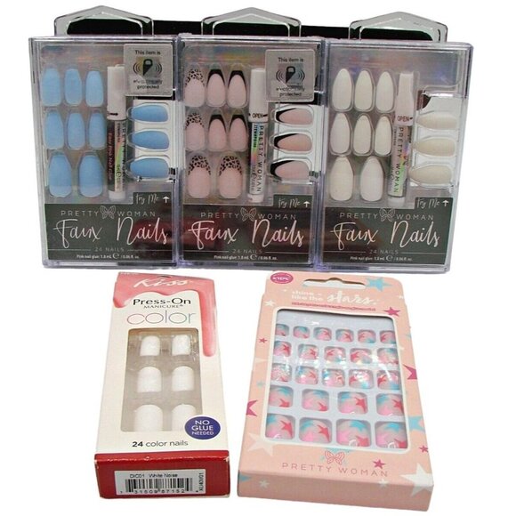 Lot 5 Pretty Woman Kiss Press on Glue Nails New Box Leopard White Blue Coffin - Picture 2 of 14